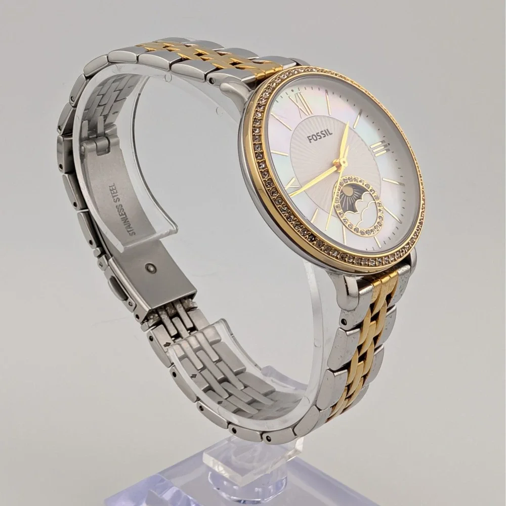 Fossil Jacqueline ES5166 Women's Watch Sun Moon MOP Dial Crystal Bezel Two-Tone